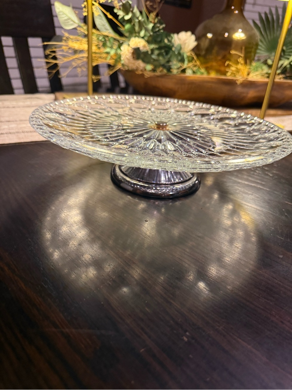 VINTAGE ITALIAN 1960’S CAKE STAND WITH SILVER PLATED PEDESTAL-LEONARD CRYSTAL